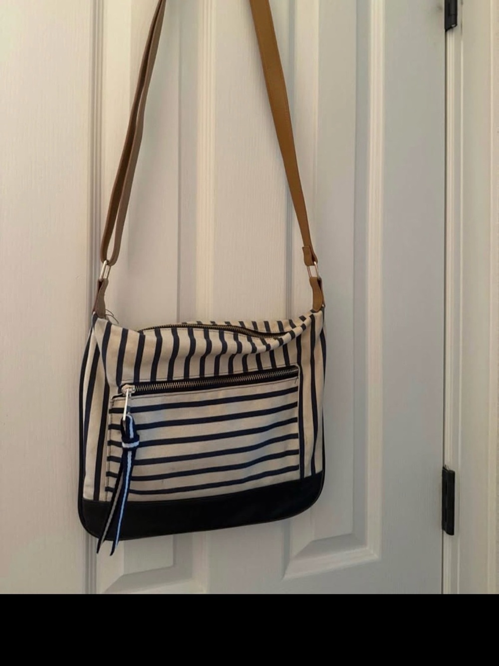 Striped Canvas Crossbody Bag with Tan Strap